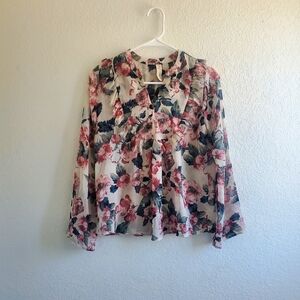 Allison Joy Floral Sheer Blouse Top Long Sleeve Career Office Church